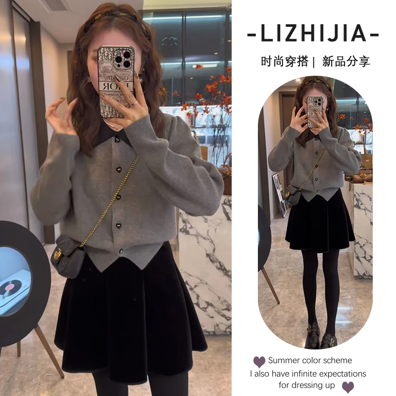 秋冬时尚穿搭一整套女2025新款韩版短款针织开衫高腰短裙两件套潮