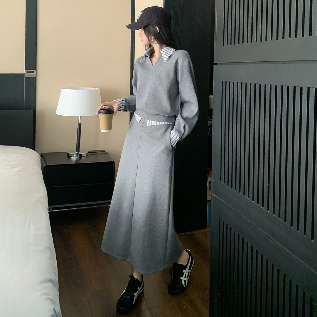 INS风女装时尚套装春秋显瘦休闲气质长袖卫衣中长款半身裙两件套