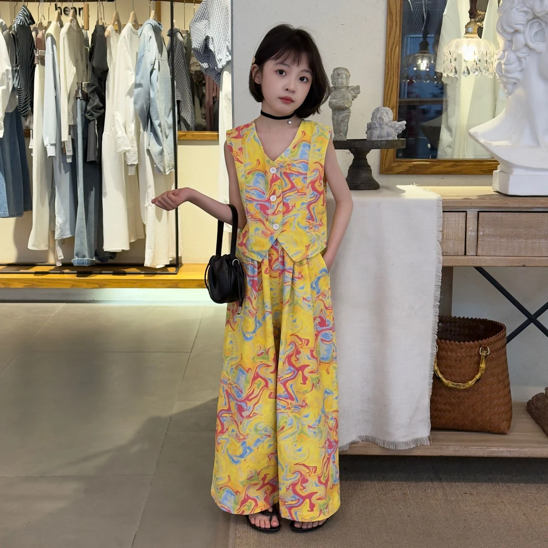 女童夏季2025新款潮流韩版黄色背心短袖花色甜酷时尚洋气休闲套装