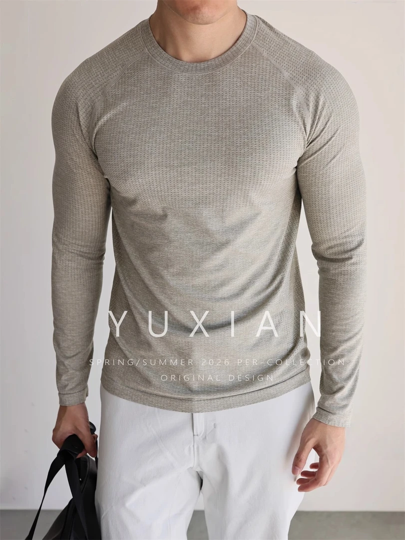 YUXIAN运动无缝提花长袖速干透气排汗弹力健身网眼户外圆领T恤男