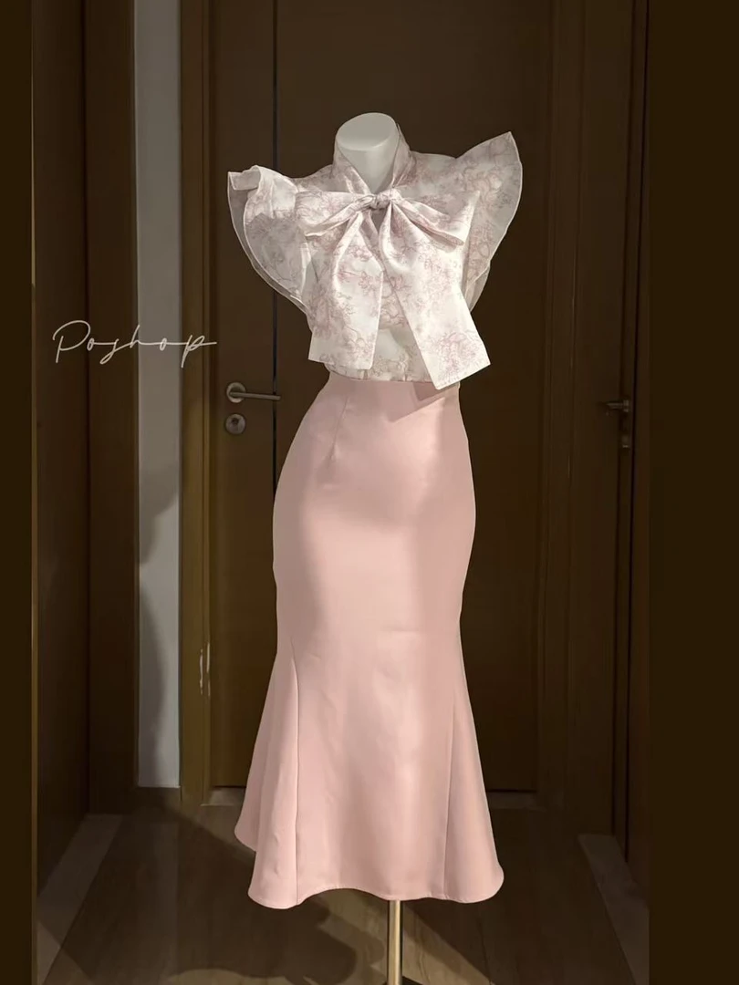 POSHOP 印花波点蝴蝶结系带衬衫包臀裙套装 日系千金氛围感 显瘦