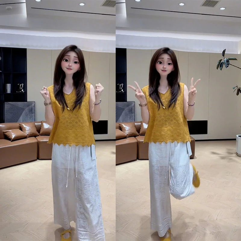 2025夏季韩版百搭显瘦气质镂空无袖背心提花阔腿裤爆款流量两件套