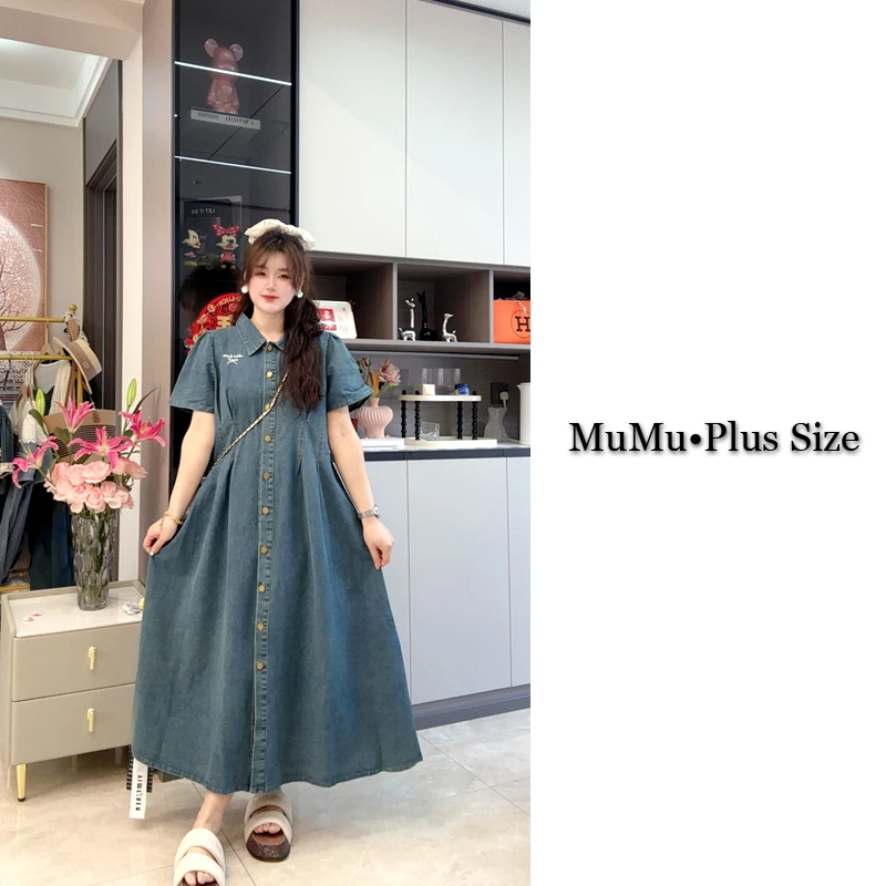 纯色牛仔裙polo领连衣裙女夏季新款胖mm褶皱收腰显瘦高级感连衣裙