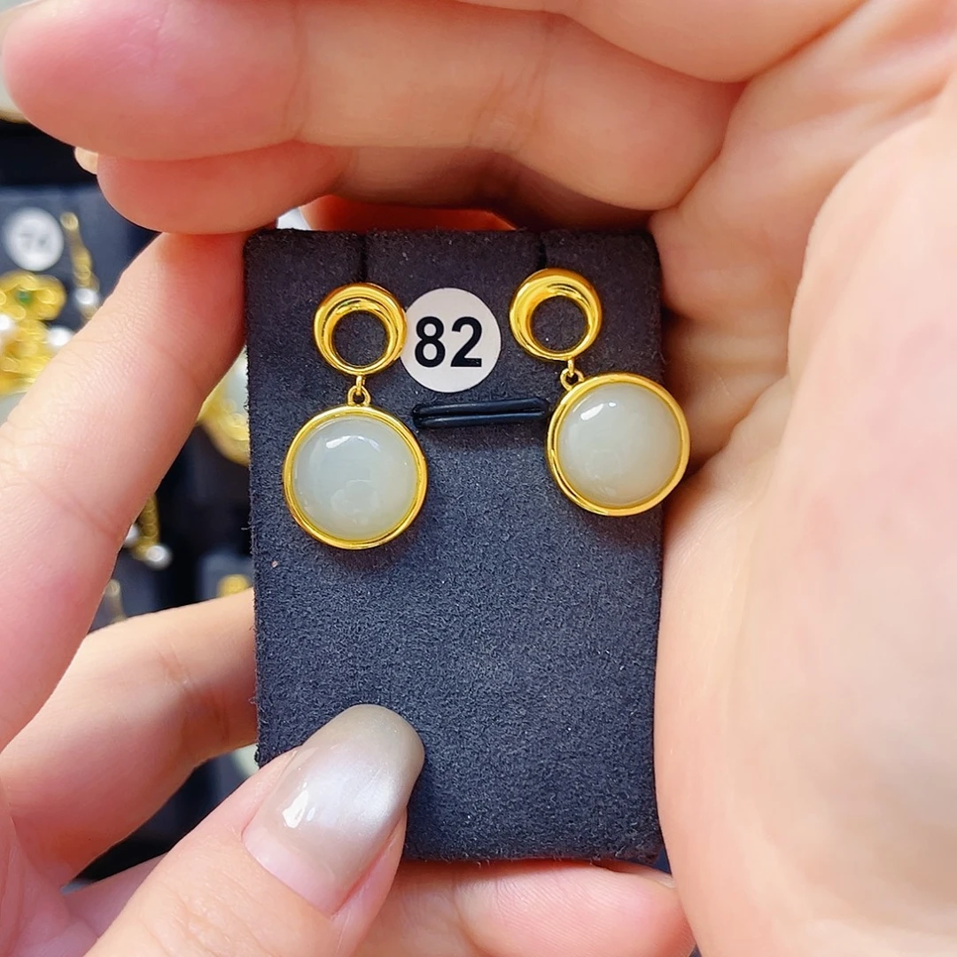 和田玉银S925镀金镶嵌耳饰