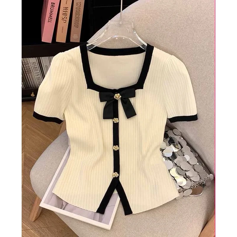 【001-200】2025夏季新款针织短袖开衫薄设计感小香风上衣