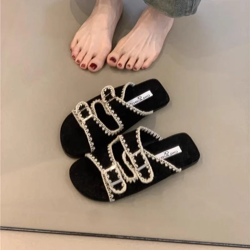 平底时尚凉鞋女鞋2025年夏季法式复古皮带扣蕾丝温柔仙女一字凉拖