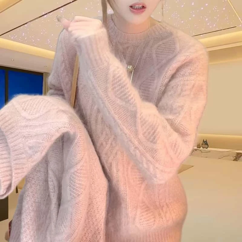 冬季宽松保暖针织衫毛衣女士2024新款休闲百搭圆领长袖上衣打底衫