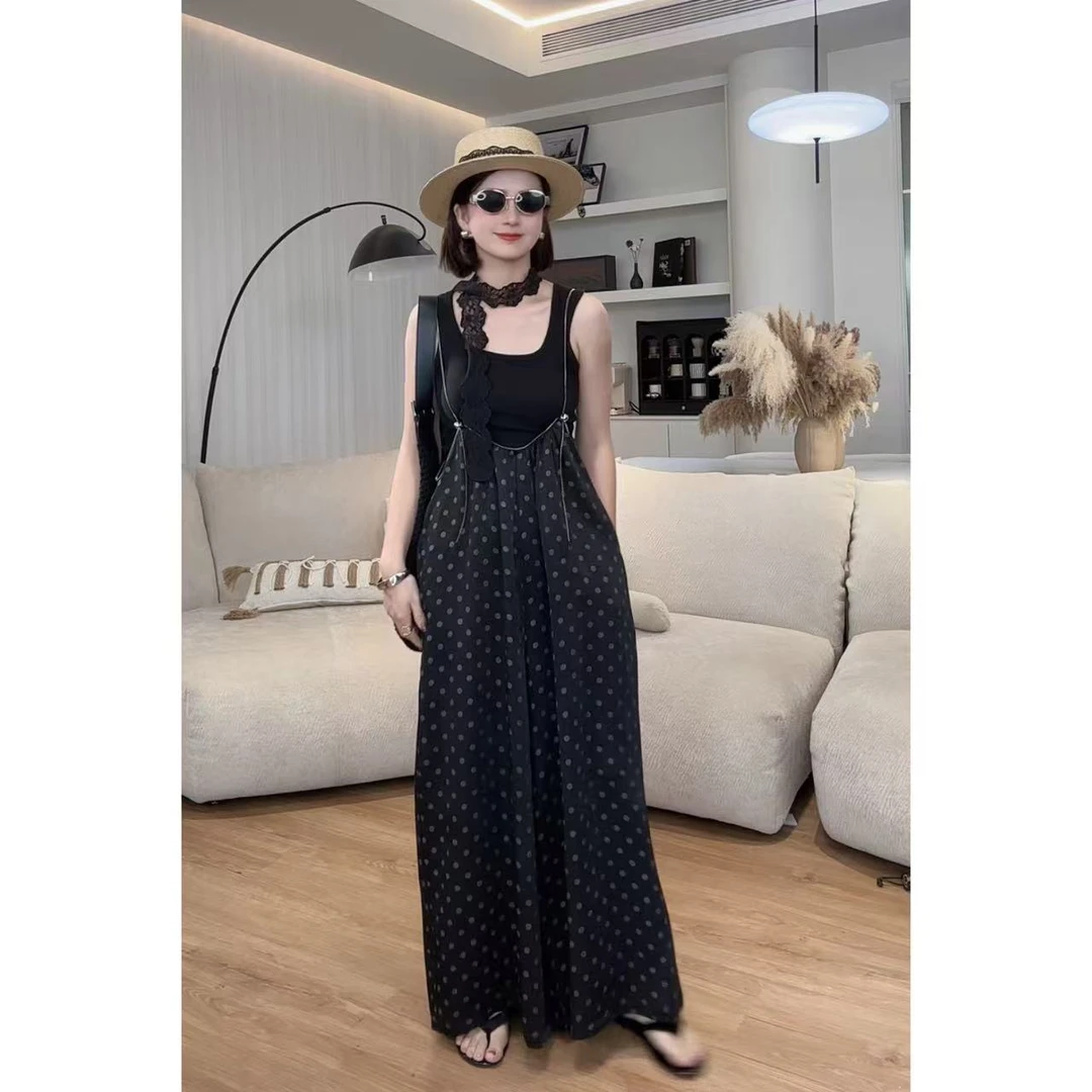 NANAKIKI【气泡炎夏】气质显瘦复古夏季高腰波点缎纹背带裤BDK-9451