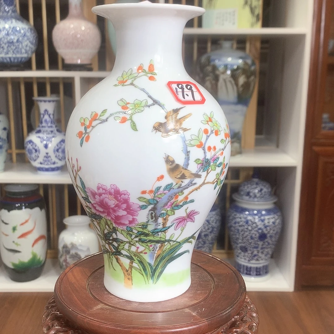 摆件粉彩牡丹花鸟观音瓶