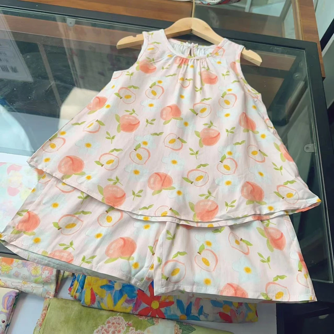 水蜜桃短裤棉绸潮童过膝五分短裤裤套装女童家居服外穿套装