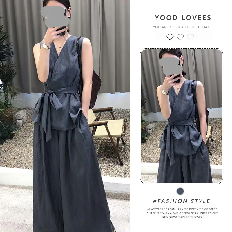 韩系高级感气质V领气质无袖收腰上衣2025夏高腰显瘦阔腿裤两件套