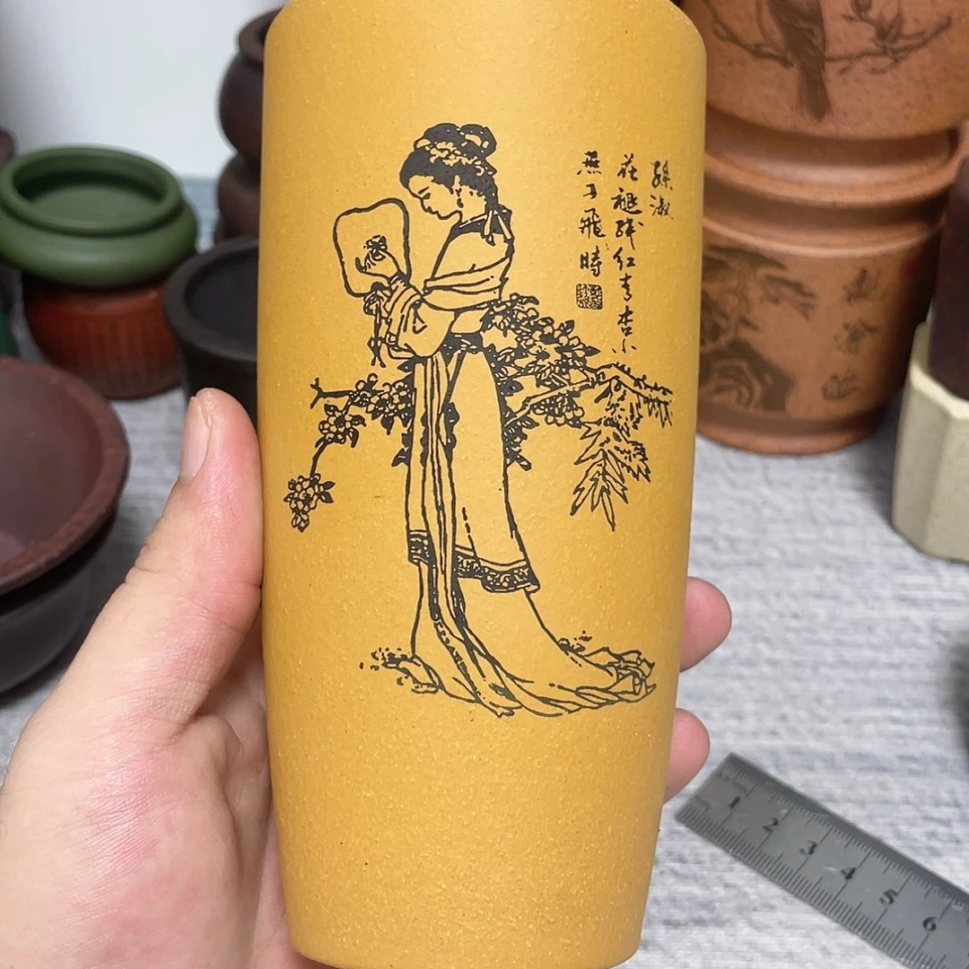 盆满花器铺精品紫砂美人图6.5×14