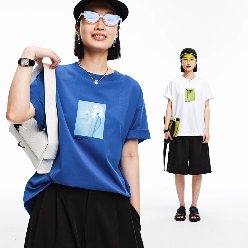 CLOUDSPACE/云上生活艺术剪影花卉印花质感圆领短袖T恤女夏款上衣