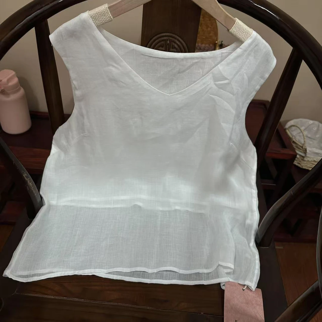 2025年春夏新款苎麻背心百搭透气V领无袖背心宽松遮肉