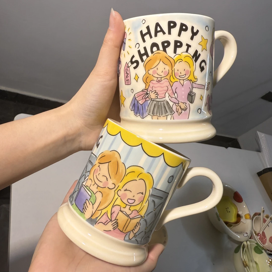 可爱卡通闺蜜情侣创意带盖陶瓷水杯奶牛杯早餐杯咖啡杯陶瓷杯家用