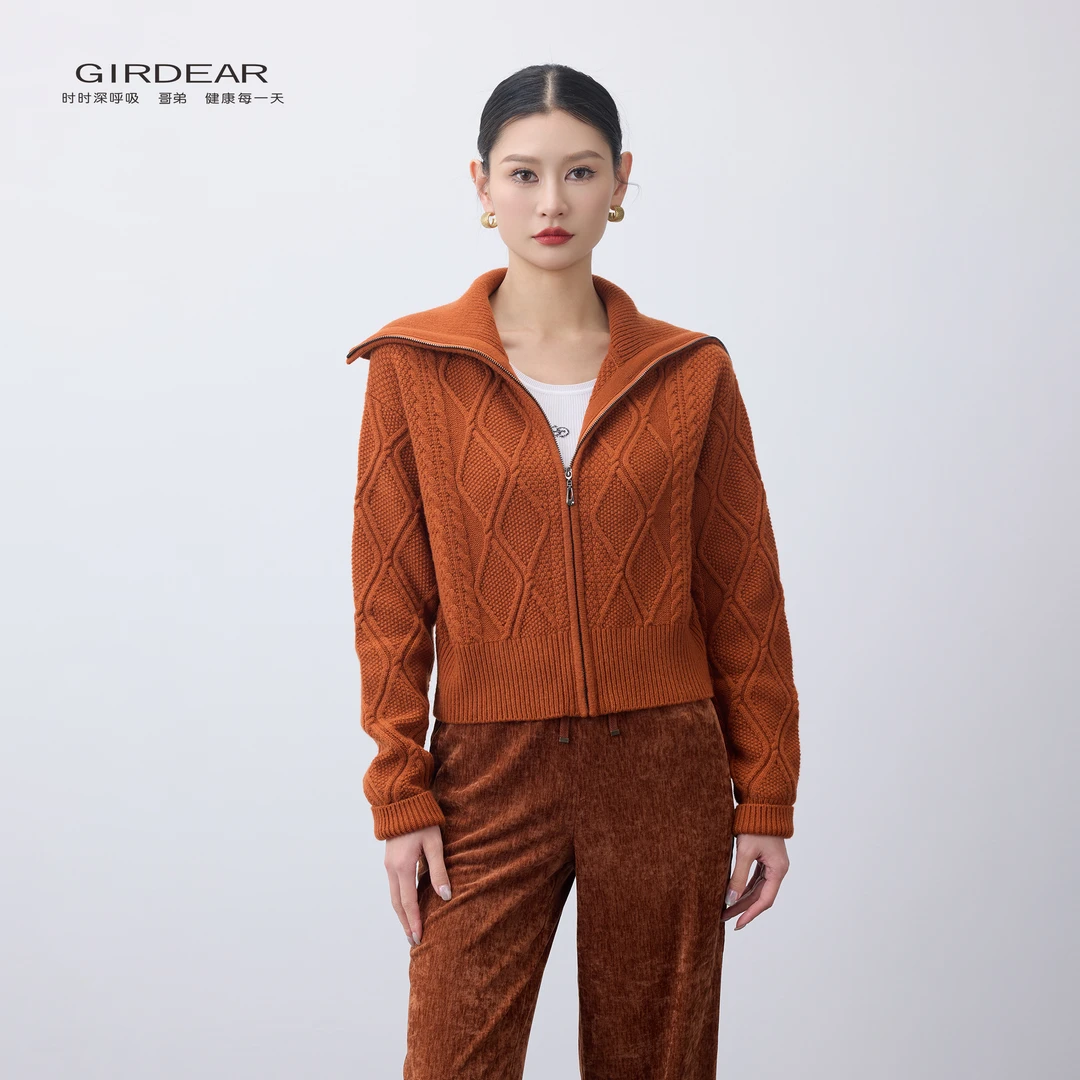 GIRDEAR/哥弟复古时尚百搭宽松翻领短款长袖针织开衫1499173-4T05