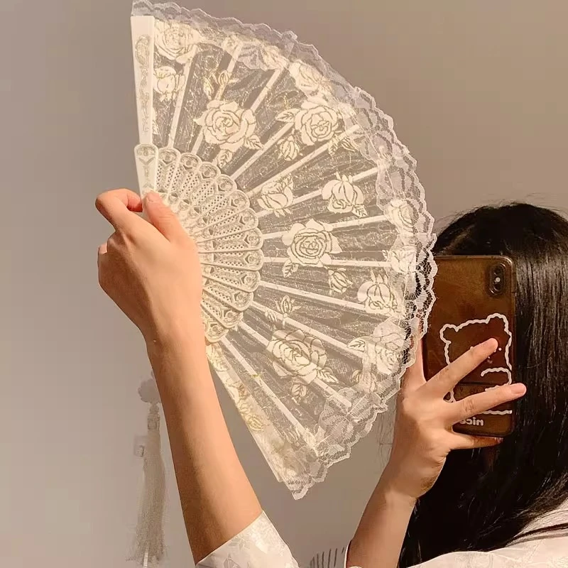 新中式白色蕾丝玫瑰折叠小扇子夏天国风古风舞蹈汉服折扇2025新款