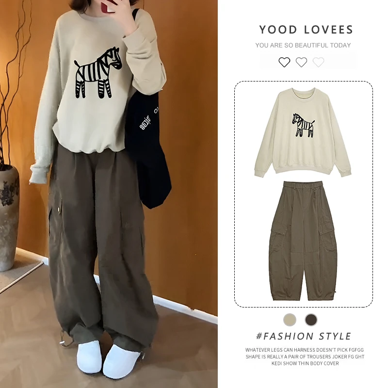 时尚套装春秋新款港味百搭图案印花套头卫衣高腰工装休闲裤两件套