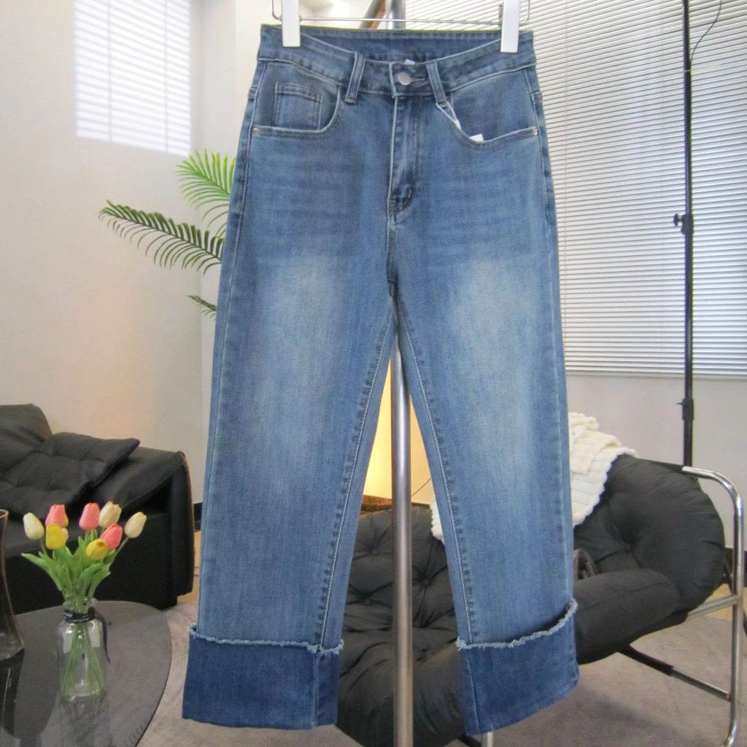 中高腰软面料烟管裤直筒裤奶奶裤小个子牛仔裤百搭显瘦开阔腿九分