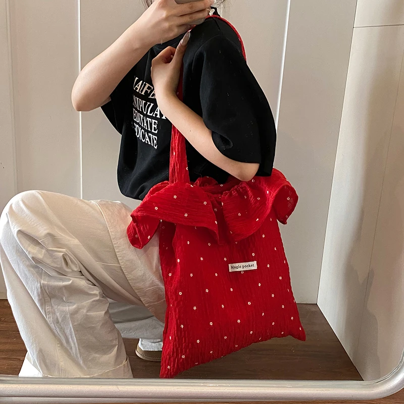 甜美荷叶边时尚波点托特包2025夏季新款慵懒风百搭大容量单肩包女