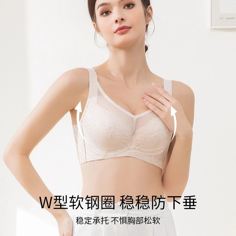 美容院性感蕾丝内衣女大胸显小文胸聚拢收副乳调整型防下垂胸罩薄