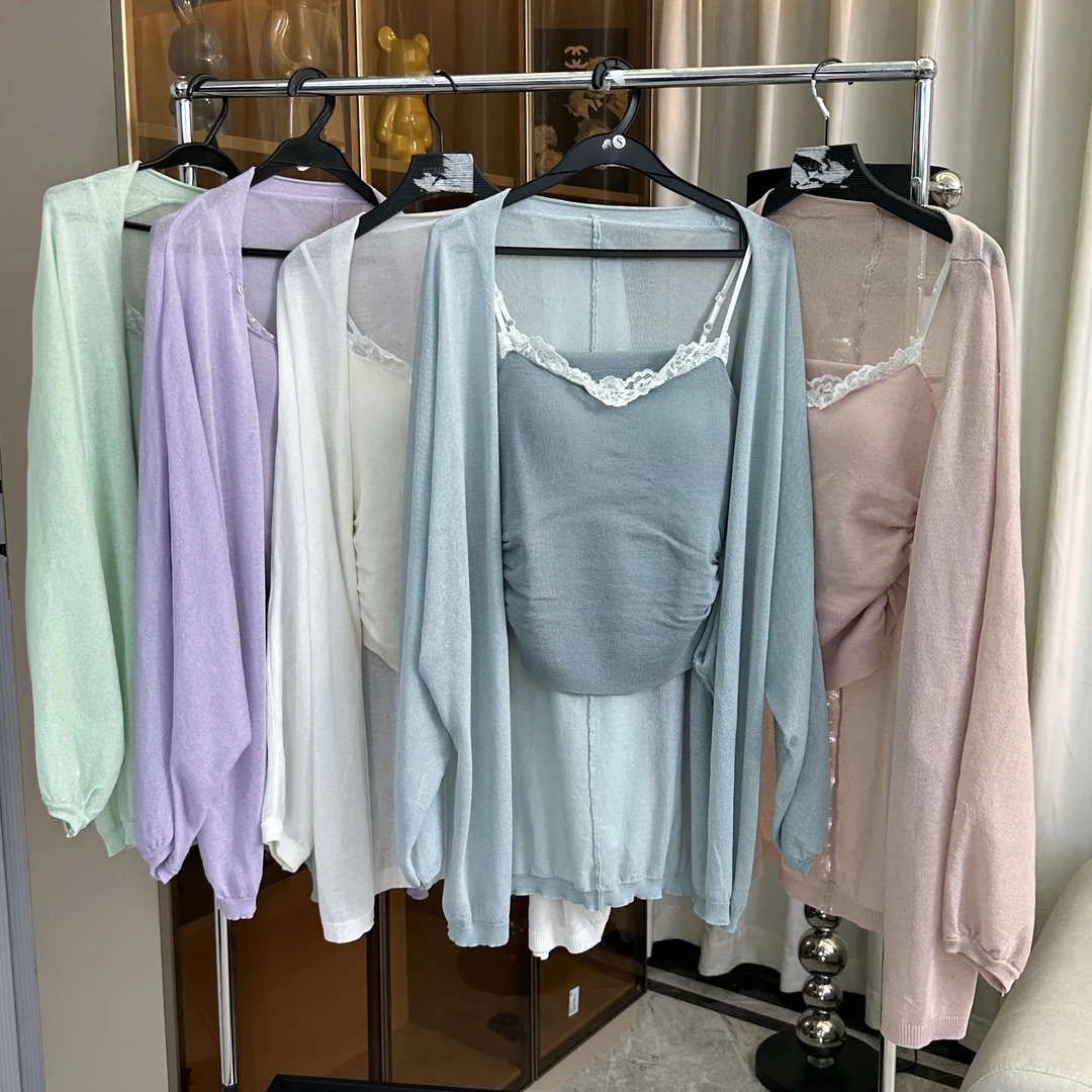 【RRSIFU蓉蓉私服】XS2001温柔气质蕾丝拼接吊带背心针织开衫两件套