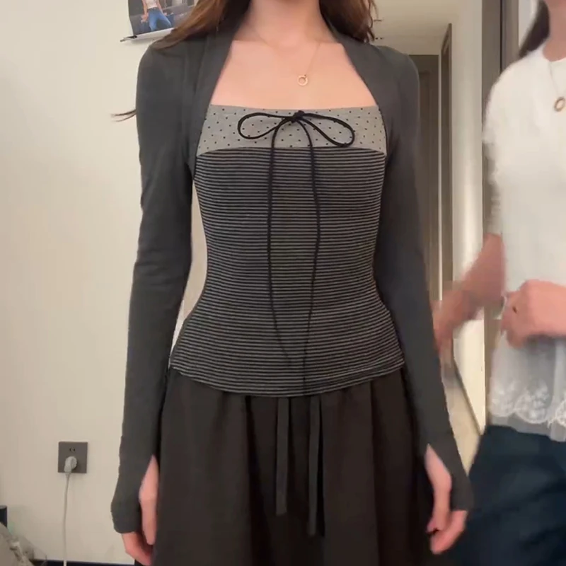 秋冬新款假两件拼接长袖内搭蝴蝶结打底衫女上衣T恤LK2508663