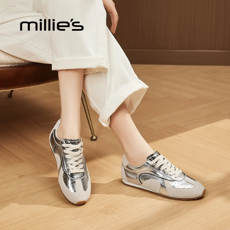 MILLIE S/妙丽真皮平底德训鞋女2025年新款时尚系带休闲鞋阿甘鞋