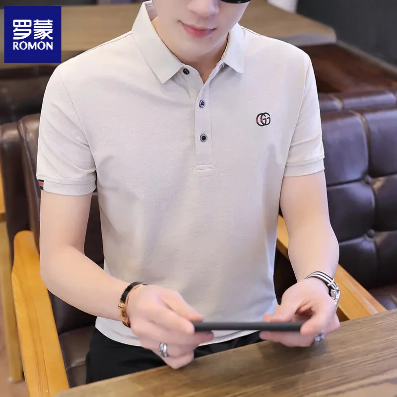 罗蒙夏季新款男士修身潮流T恤Polo衫休闲百搭短袖上衣聚酯纤维棉