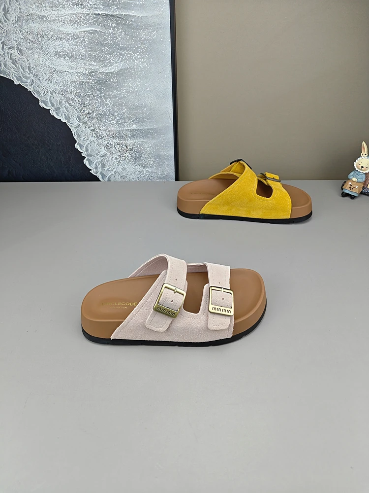 时尚休闲夏季外穿半拖凉拖鞋平底网红舒适百搭女士真皮软底厚底