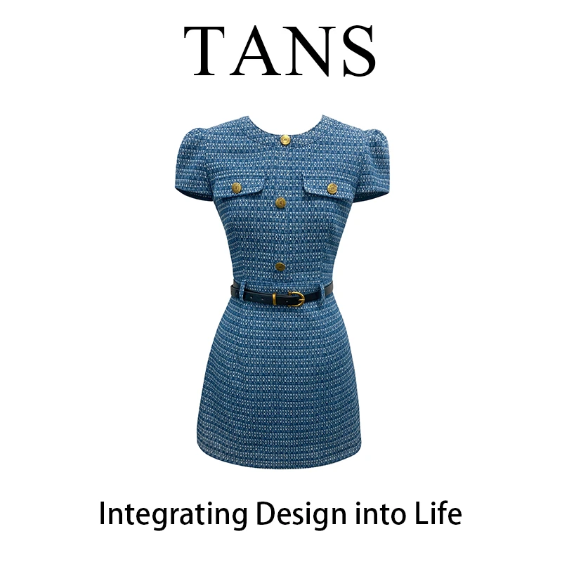 现货 TANS【罗曼庄园】法式复古蓝色圆领连衣裙女春夏季收腰显瘦