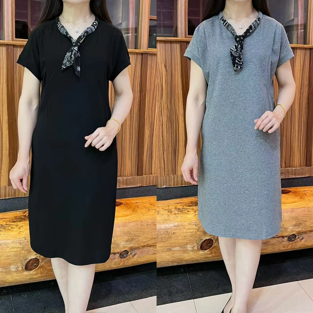 时尚V领丝巾连衣裙女2025夏季新款洋气显瘦宽松遮肉百搭连衣裙