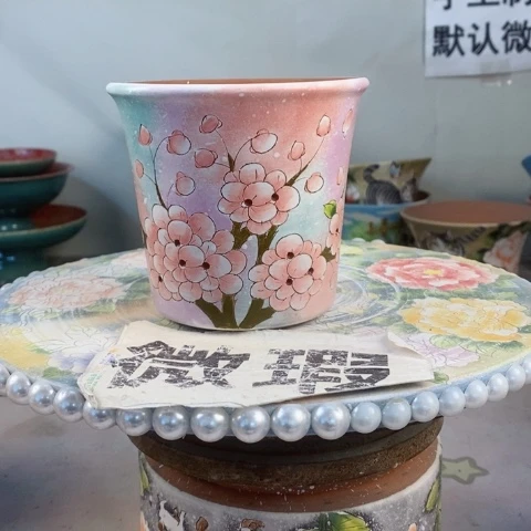 紫砂花盆红陶手绘花盆