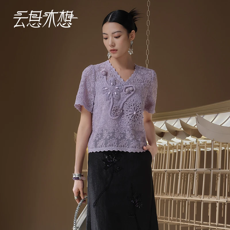 Ysimo-X云思木想 木棉花开 手钩立体花钉珠V领棉蕾丝上衣12987
