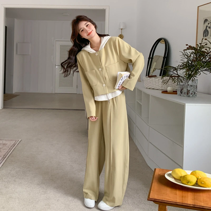 氛围感套装裤女2025春秋新款小众设计韩系慵懒风假两件外套阔腿裤