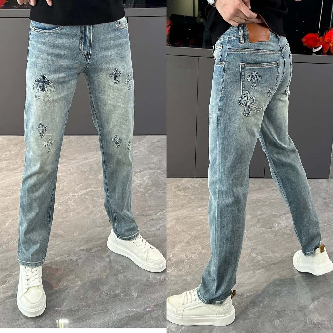 裤子男春季牛仔裤男时尚刺绣百搭潮流直筒裤印花修身显瘦个性长裤