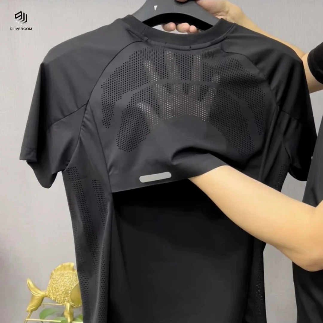 DIIIVERGOM镂空透气男士短袖轻奢拼接速干弹力恤潮流时尚圆领半袖