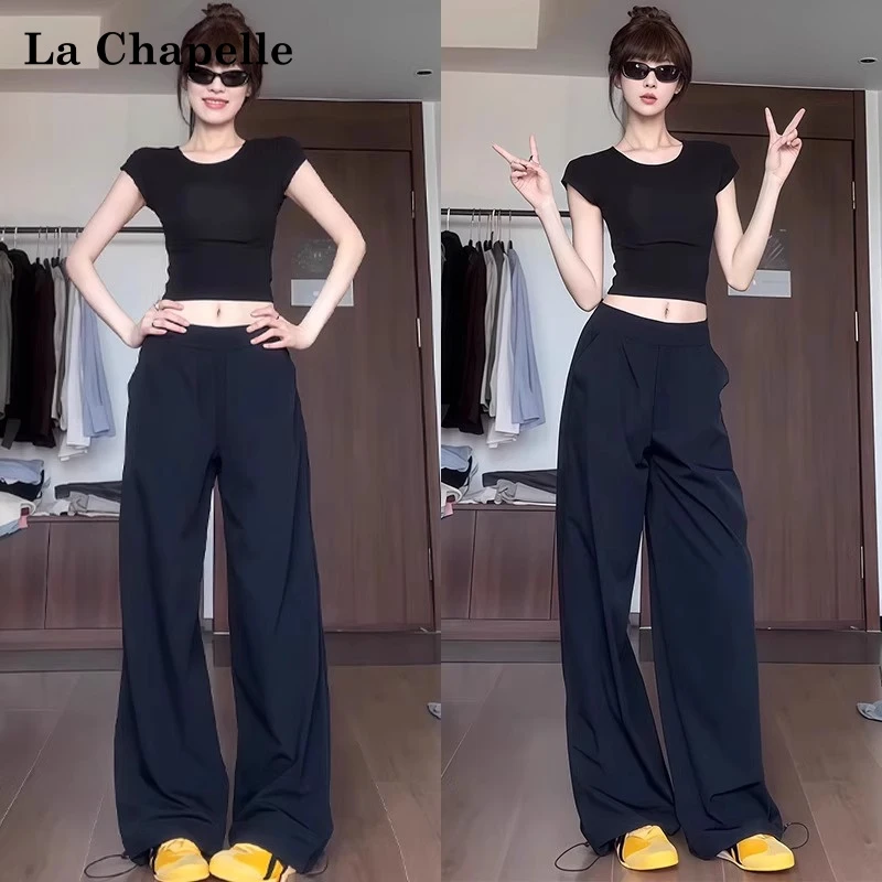 拉夏贝尔藏青色工装裤女夏季美式速干运动裤小个子休闲宽松阔腿裤