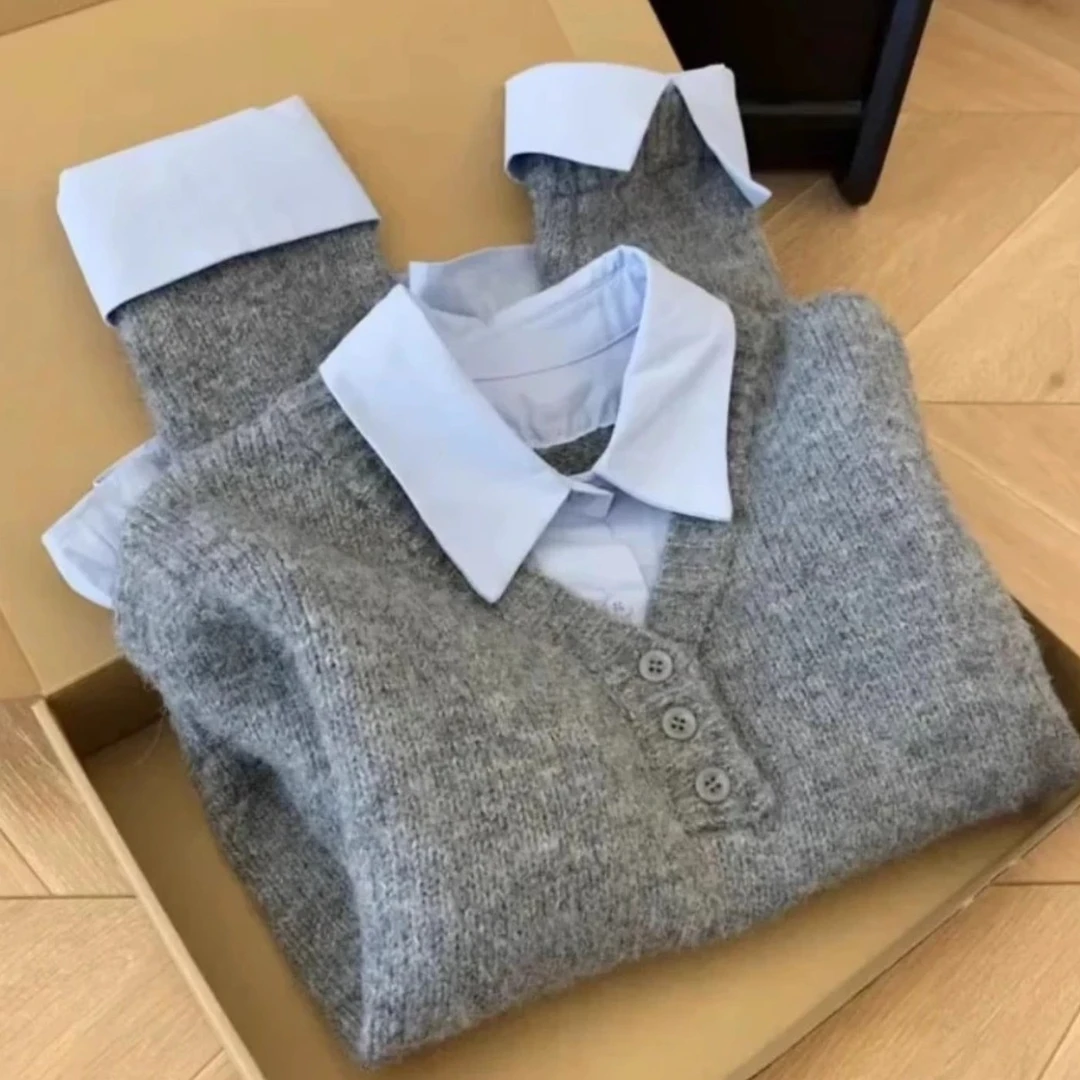 灰蓝撞色毛衣衬衫假两件叠穿女秋冬韩系设计感小众独特针织衫上衣