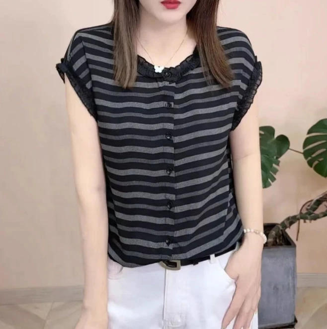 8047#夏季新品时尚百搭荷叶边薄款冰凉小衫（L~4XL  85~155斤）