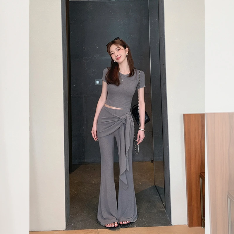 夏季灰色圆领紧身正肩显瘦短袖t恤女慵懒绑带垂感拖地休闲裤套装