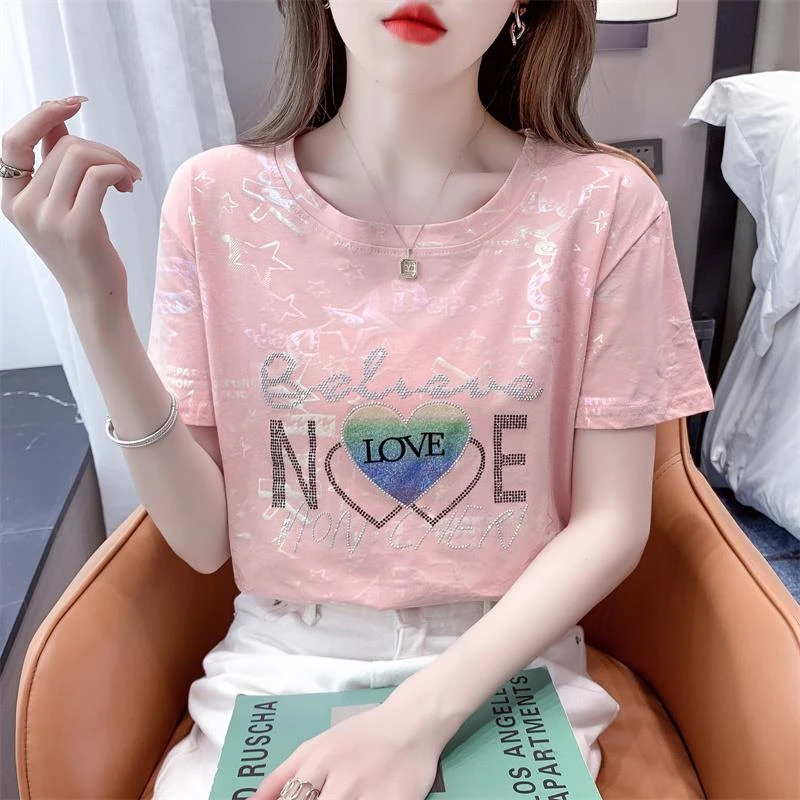 重工烫钻时髦短袖t恤女2025夏季新款宽松百搭白色体恤设计感上衣