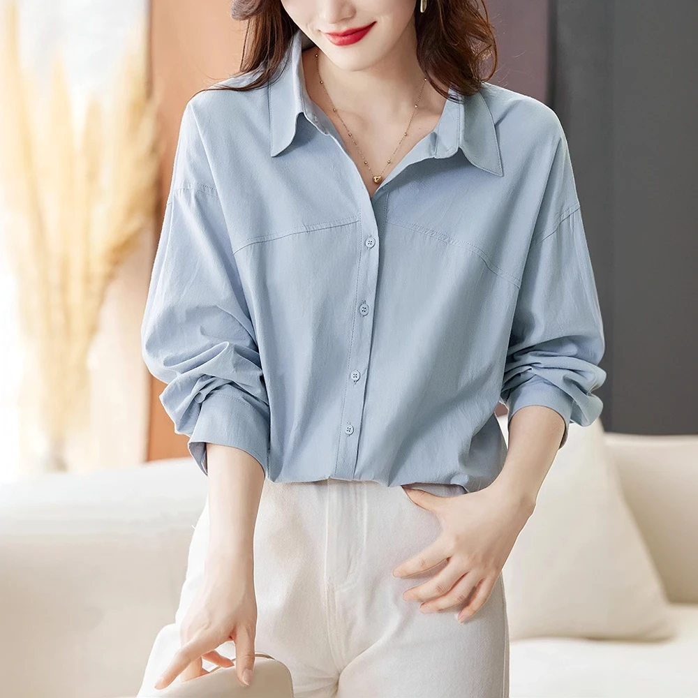 C512蓝色宽松衬衫女春夏季2025新款中长款休闲外套工装风外穿衬衫