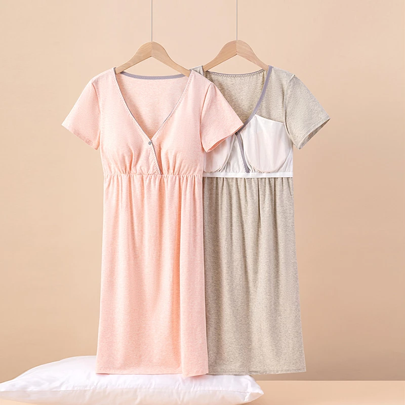 哺乳衣连衣裙睡衣夏带胸垫孕妇产妇薄款大码外穿待产裙月子服睡裙