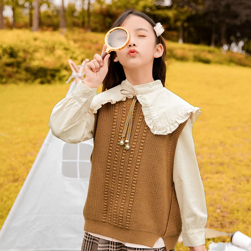 女童套装秋装2025春秋季新款韩版儿童衬衫女孩毛衣马甲两件套8210