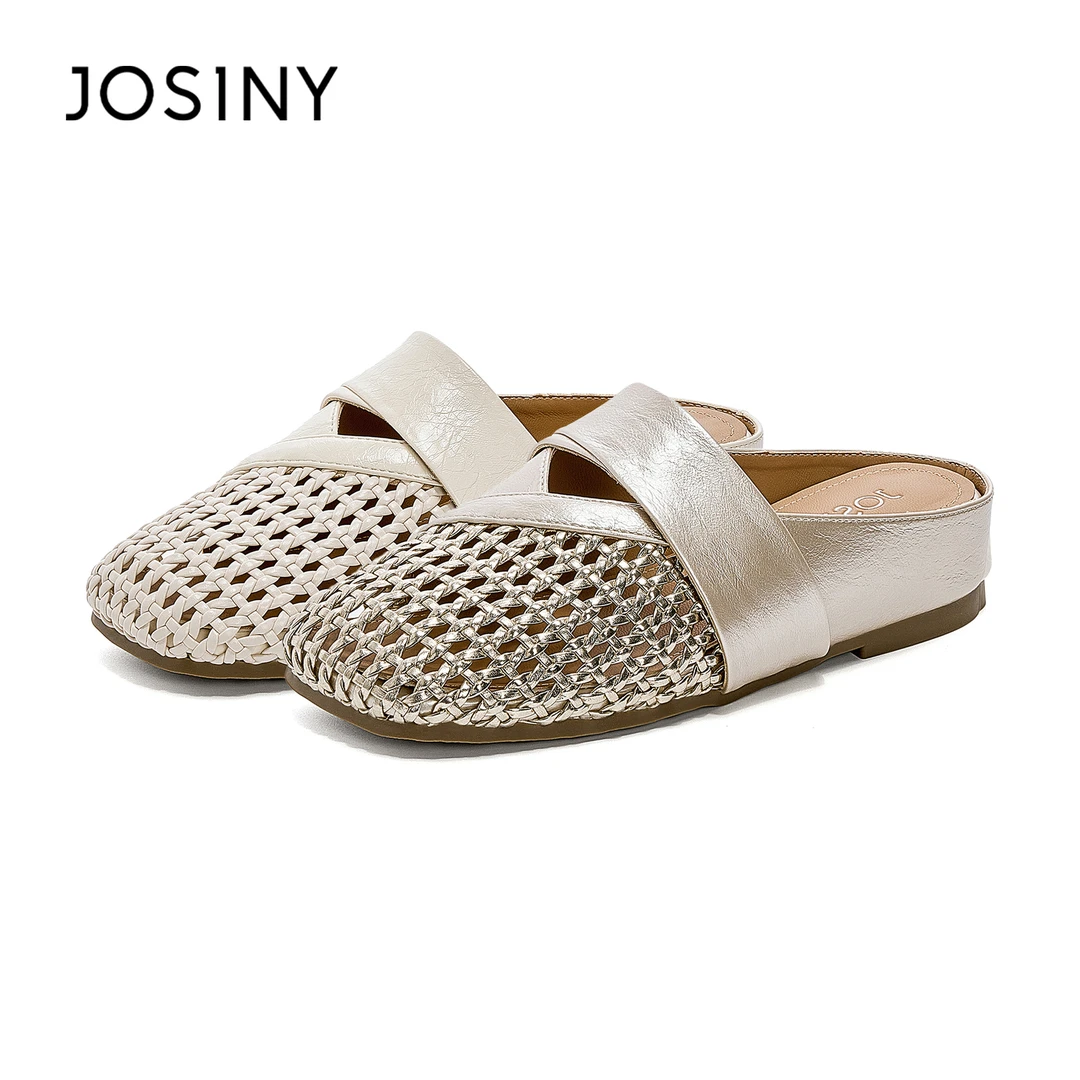 卓诗尼2025女平底法式编织镂空时尚包头半拖鞋女外穿洞洞凉拖鞋