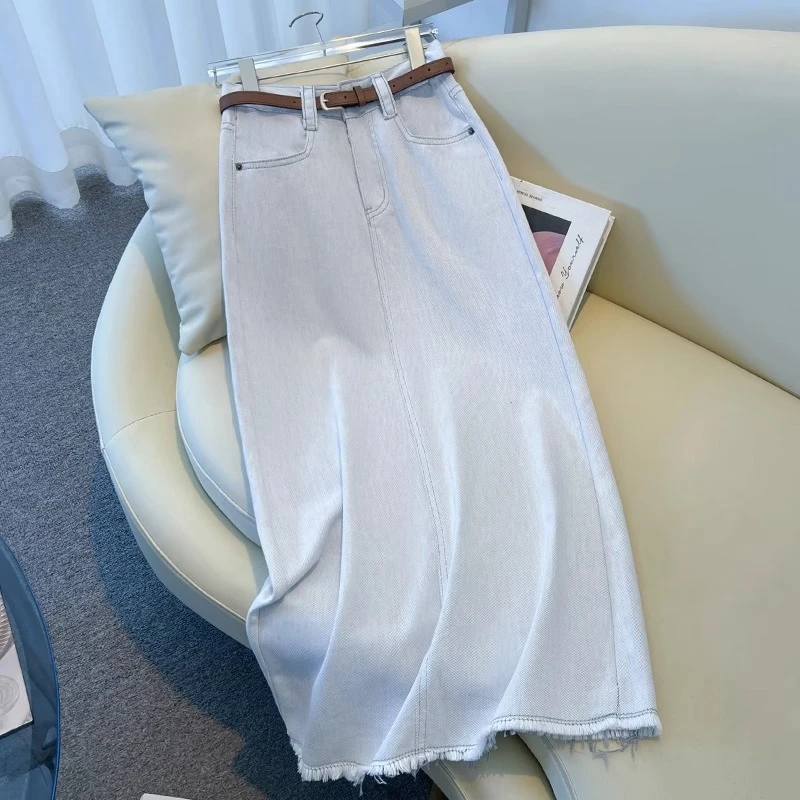 渣渣灰白色牛仔半身裙女2025新款夏季薄款高腰直筒开叉a字中长裙