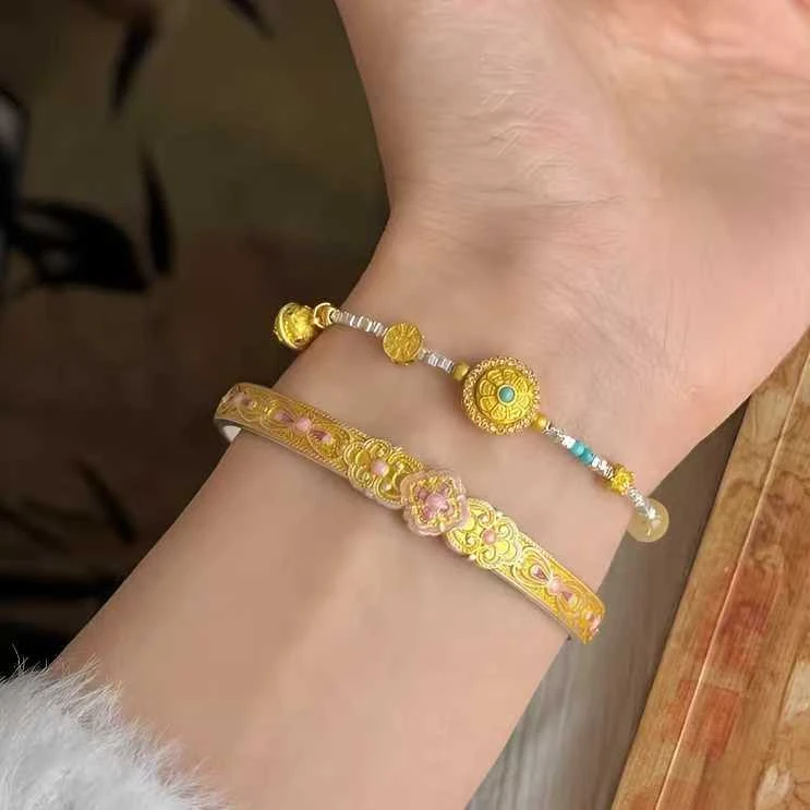 足银手镯 足银999.9手镯女国风新中式珐琅彩百搭古法描金镯子礼物