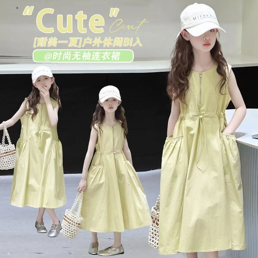 女童夏季无袖连衣裙2025新款儿童背心裙女孩收腰可爱甜美清新韩版