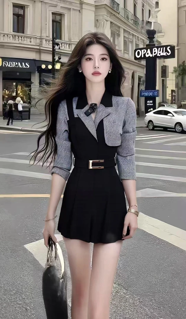 优雅轻奢气质名媛休闲风撞色拼接设计感收腰连衣裙女时尚显瘦短裙